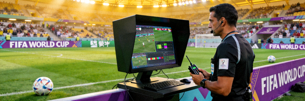 世界杯比赛中裁判与VAR视频助理裁判沟通的工作场景